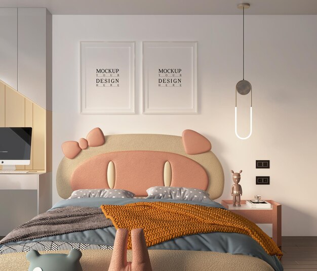 PSD cute bedroom with poster mockup