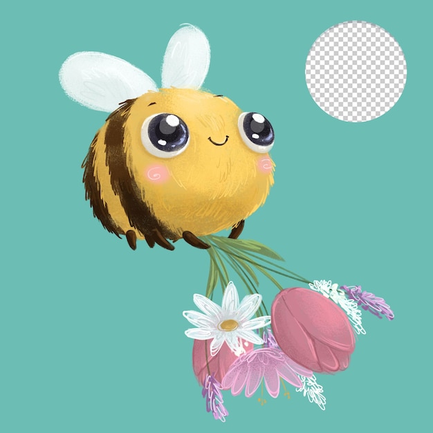 Cute bee with summer flower bouquet isolateed on green background