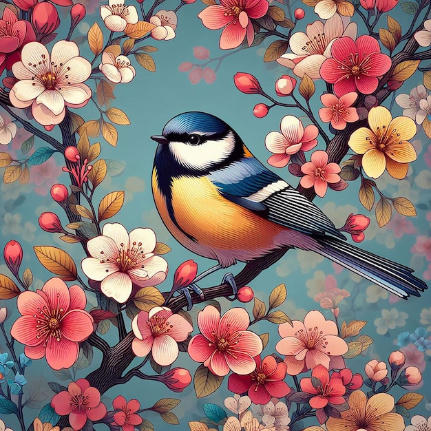 PSD uccello carino sull'albero del fiore brach su sfondo colorato