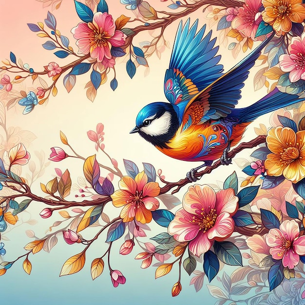 PSD cute bird on brach flower tree on colorful background