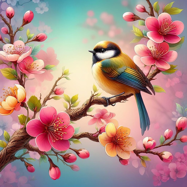 PSD cute bird on breach flower tree on colorful background