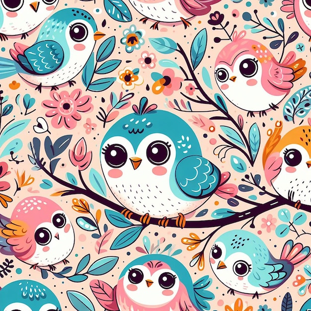 PSD cute bird on colorful background seamless pattern