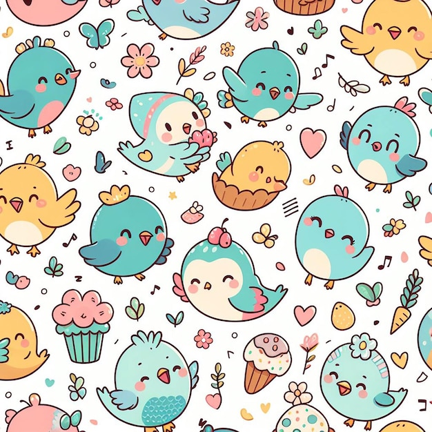 Cute bird on colorful background seamless pattern