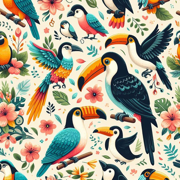 PSD cute bird on colorful background seamless pattern