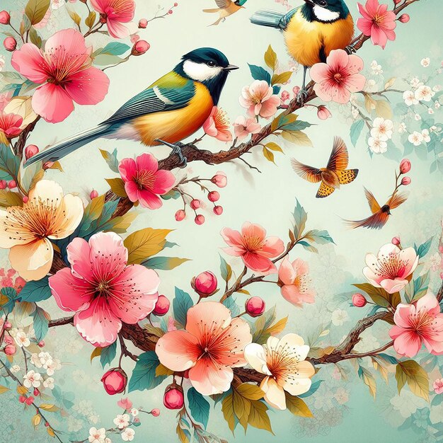 PSD カラフルな背景に違反の花の木にかわいい鳥