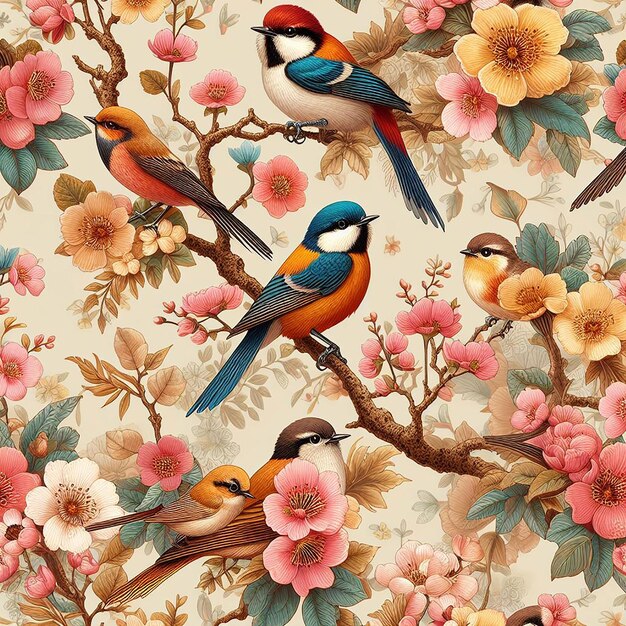木のカラフルな背景のシームレスなパターンに花の違反を持つかわいい鳥
