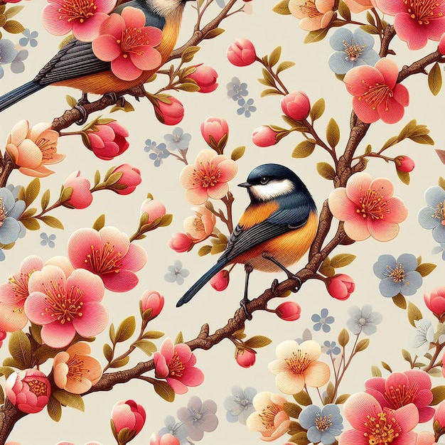 Cute bird with flower breach on tree colorful background seamless pattern