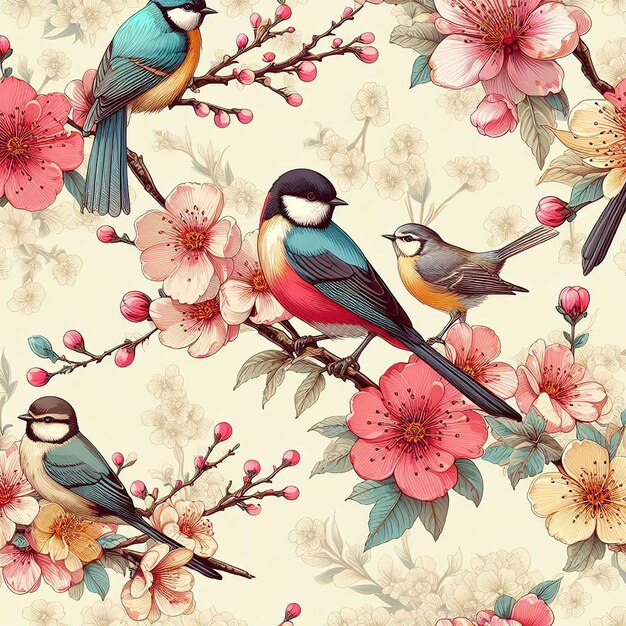 PSD cute bird with flower breach on tree colorful background seamless pattern