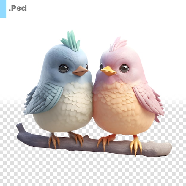 PSD cute birds on a branch isolated on white background 3d illustration psd template