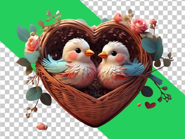 PSD cute birds couple in heart shaped basket