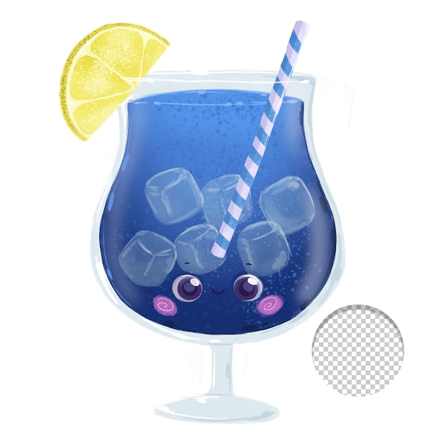 Cute blue happy kawaii cocktail drink with striped straw isolated on white background