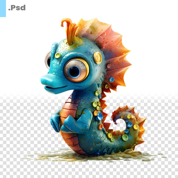 PSD simpatico drago di mare blu isolato su sfondo bianco. modello psd con illustrazione 3d