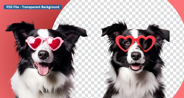 PSD carino border collie con occhiali da sole a forma di cuore per il giorno di san valentino