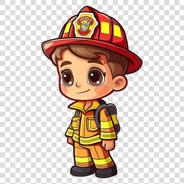 PSD cute boy dressed as a fireman cartoon style isolated on transparent background png