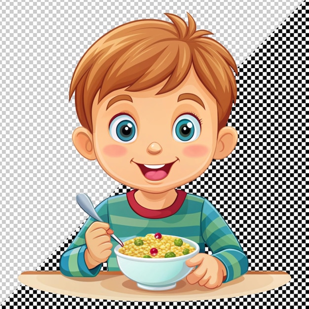 PSD cute boy eating cereals on transparent background