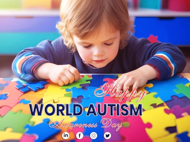 Cute boy focused on solving colorful and beautiful puzzle with surrounded by puzzle pieces