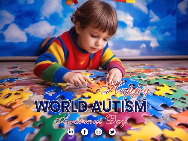 PSD cute boy focused on solving colorful and beautiful puzzle with surrounded by puzzle pieces