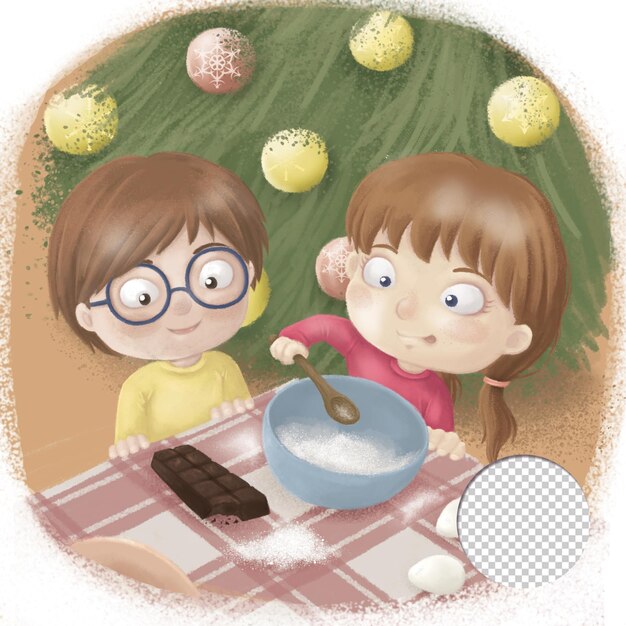 PSD cute boy and girl cooking christmas recipe kawaii greeting card