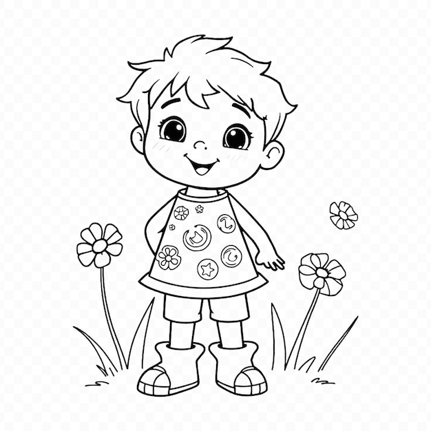 Cute Boy in a Flower Garden Drawing and Coloring book