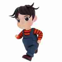 PSD cute boy running 3d rendering illustration using overall jeans and striped cloth cartoon