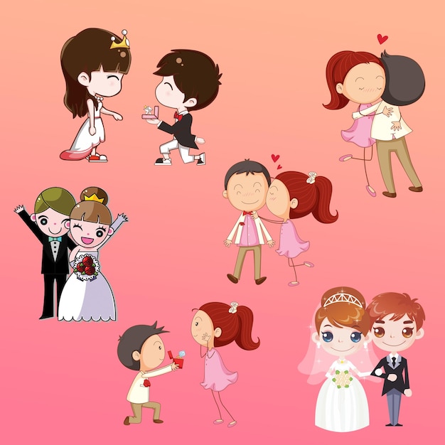 Cartoon della sposa e dello sposo in abito da sposa