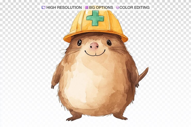 PSD cute brown mole in hard hat with green cross illustration