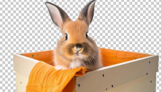 PSD cute brown rabbit peeking out of a box isolated on transparent background