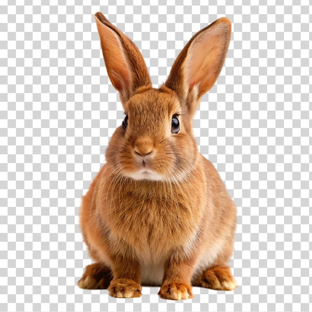 Милый коричневый кролик сидит и смотрит в камеру, изолированный на прозрачном фоне.