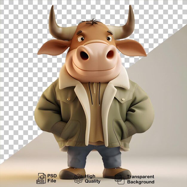 Cute bull cartoon wearing a jacket isolated on transparent background include png file