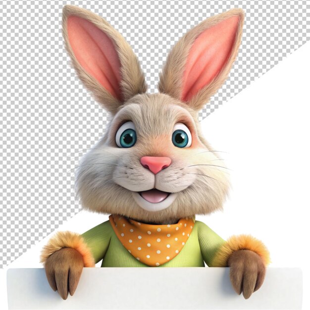 Cute bunny holding a white sign board on transparent background