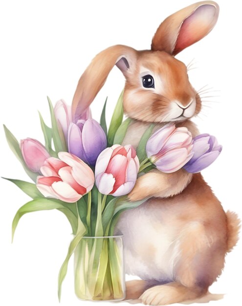 PSD cute bunny with a bouquet