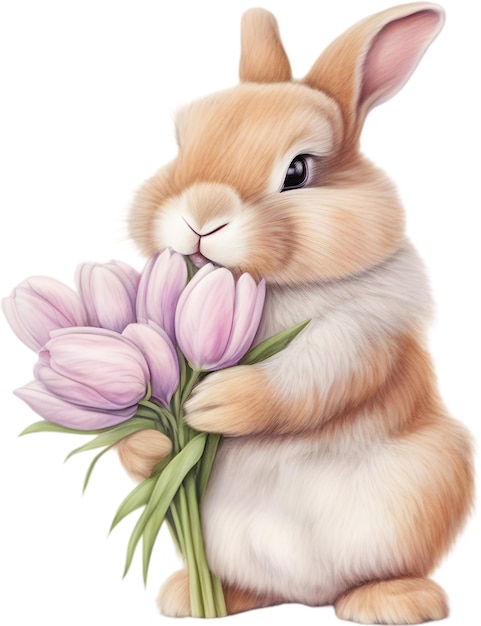 PSD cute bunny with a bouquet