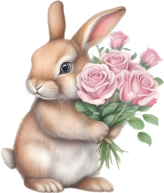 PSD cute bunny with a bouquet