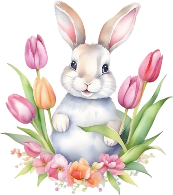 PSD cute bunny with a bouquet