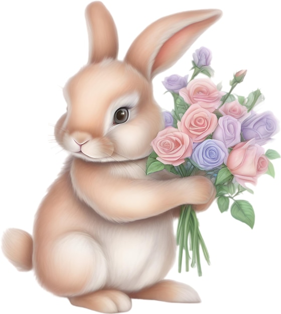 PSD cute bunny with a bouquet