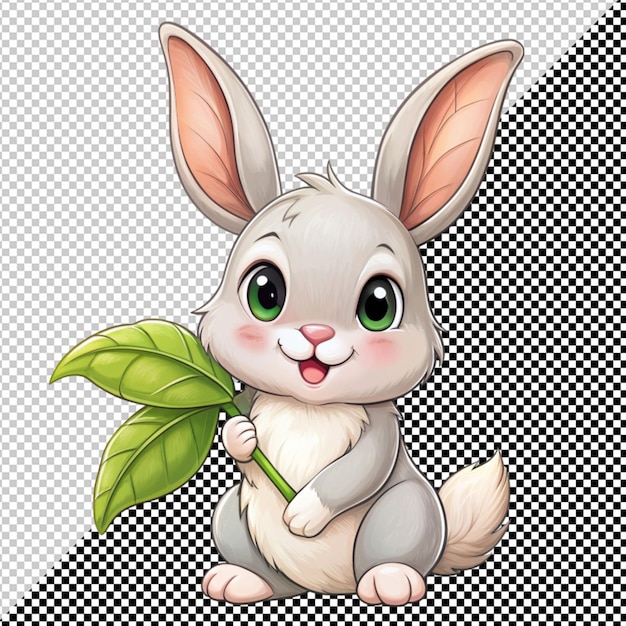 PSD cute bunny with green leave on transparent background