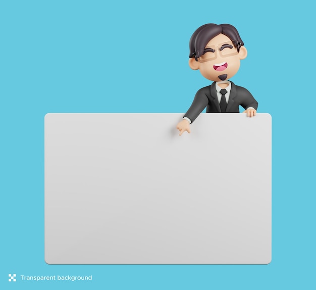 Cute businessman on the blank white banner 3d rendering