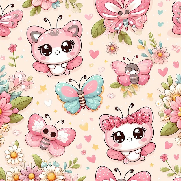 PSD cute butterfly with flower background seamless pattern