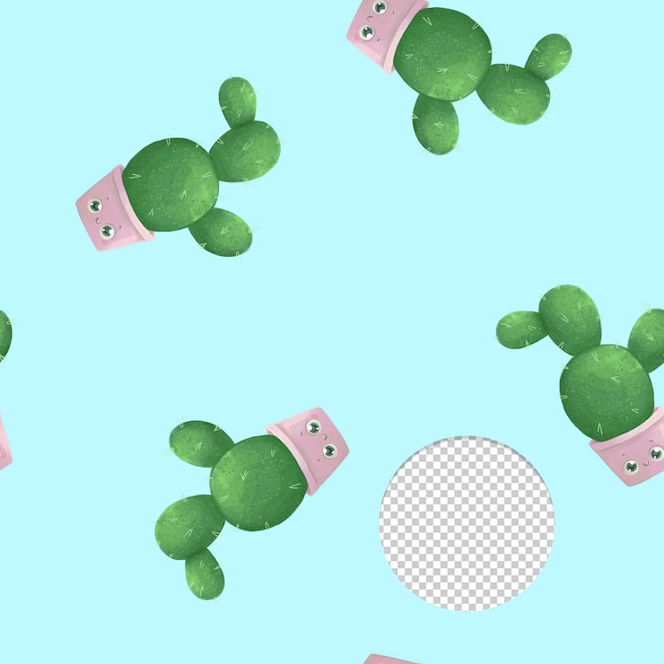 PSD cute cactus in smiling pot seamless pattern on light blue background