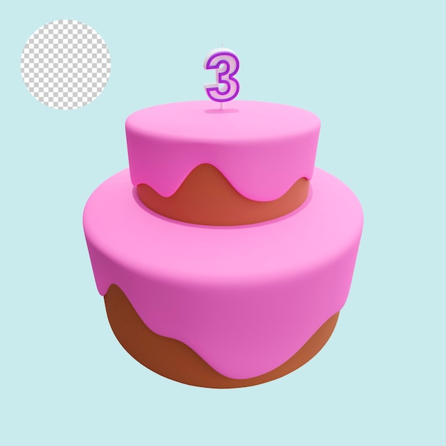 PSD cute cake 3d model for the third birthday on a transparent background