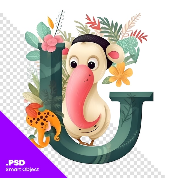 PSD cute cartoon animal alphabet letter j with flowers and plants vector illustration psd template