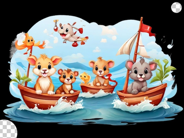PSD cute cartoon animal swim in the boat png transparent
