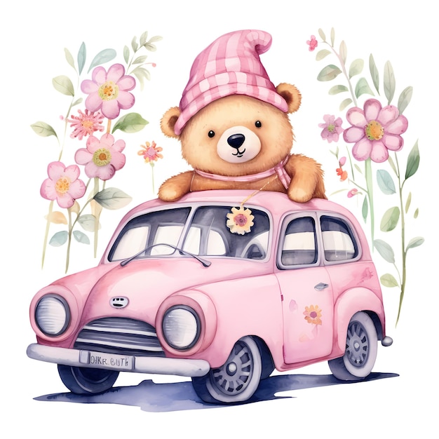 Cute cartoon bear in car and flowers watercolor clipart illustration