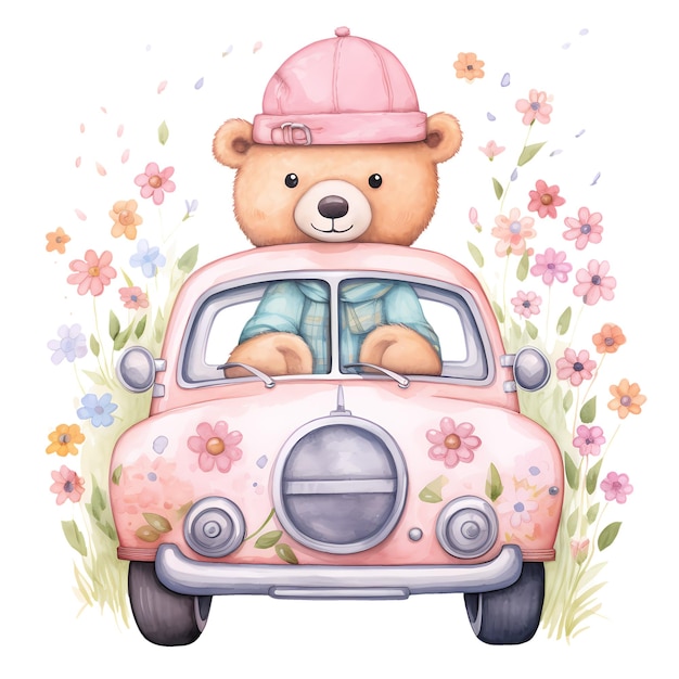 PSD piccolo orso dei cartoni animati in macchina e fiori acquerello clipart illustrazione