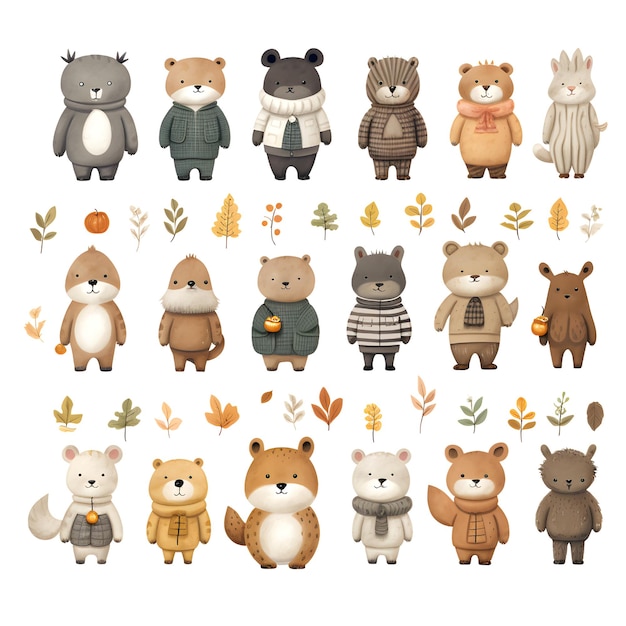 Cute cartoon bear collection with autumn leaves vector illustration on white background