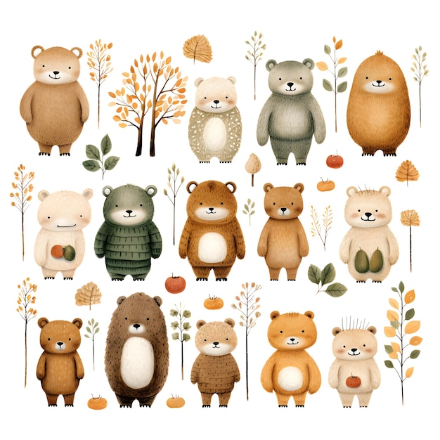 Cute cartoon bear collection with autumn leaves Vector illustration on white background