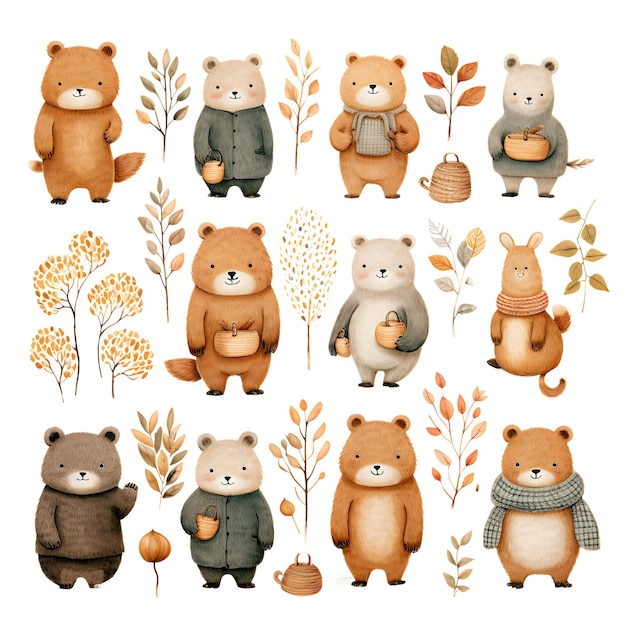 Cute cartoon bear collection with autumn leaves Vector illustration on white background