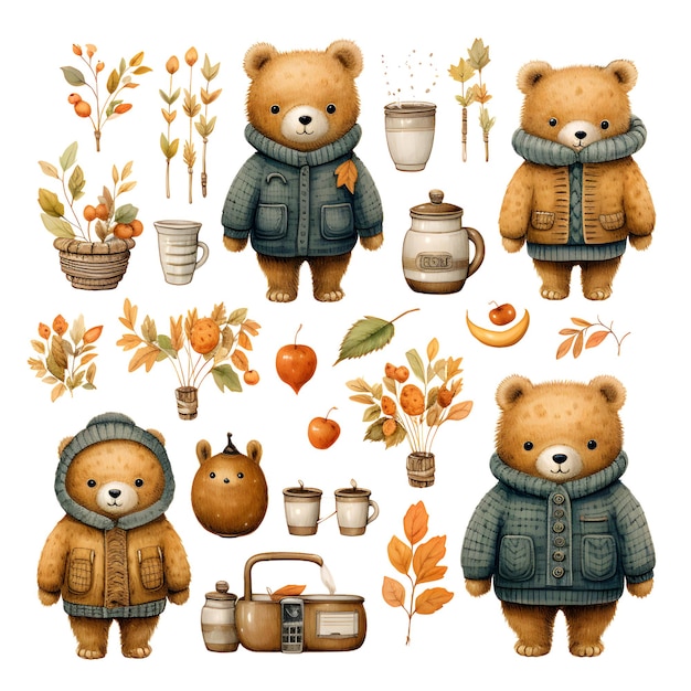 PSD cute cartoon bear collection with autumn leaves vector illustration on white background