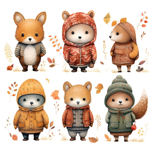 Cute cartoon bear collection with autumn leaves Vector illustration on white background