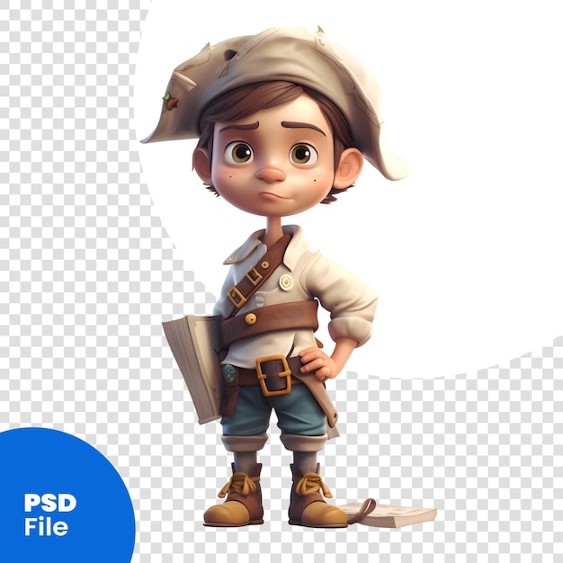 Cute cartoon boy dressed as a pirate with a book in his hand psd template